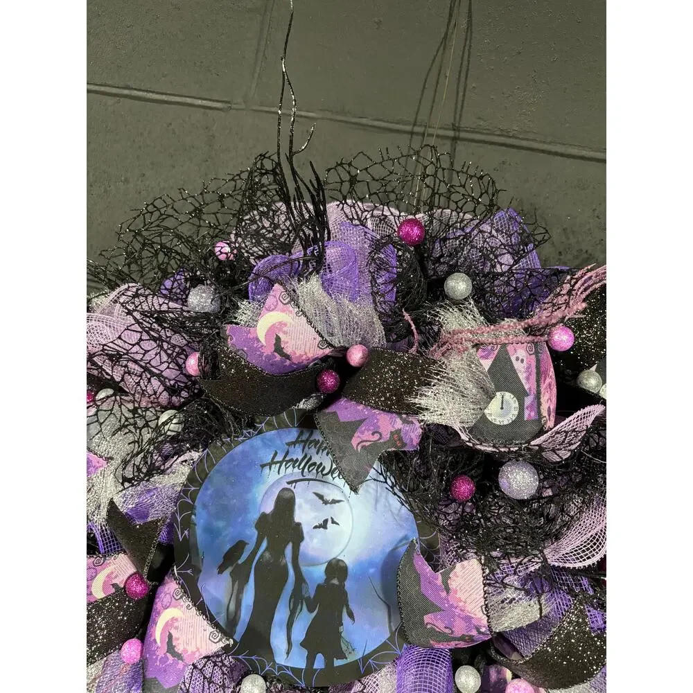 Witchy Halloween Wreath – Purple & Black Deco Mesh Door Decor – Handmade 24 inch - Picture 5 of 6